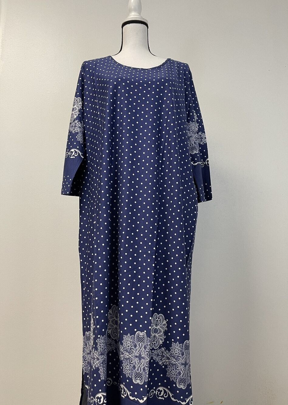 Harmony Dress Womens Size 18 Maxi Swing Blue Polka Dot Floral Short Sleeve N166